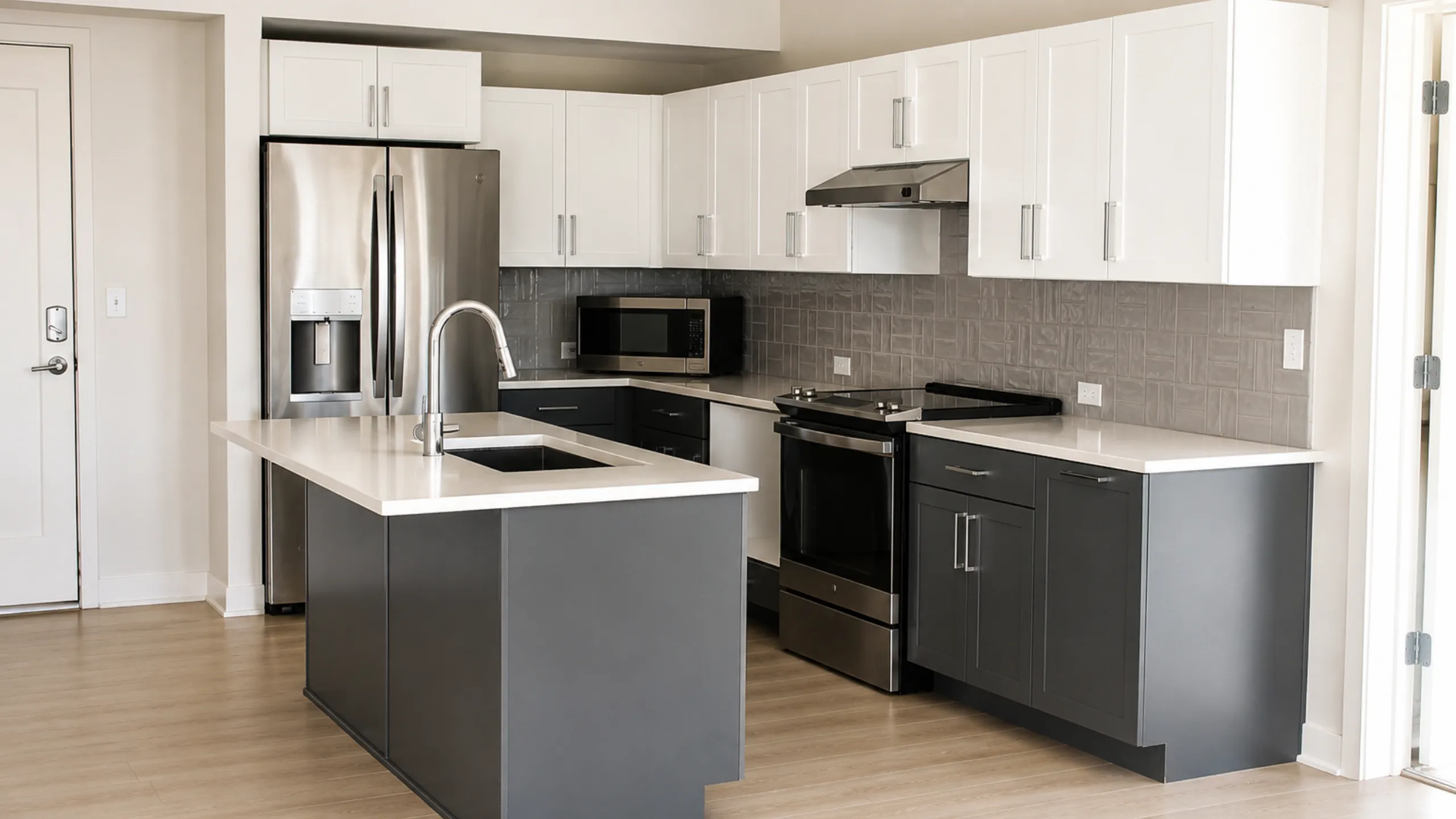 Modern kitchen with sleek stainless steel appliances, elegant gray cabinets, and a stylish island countertop.