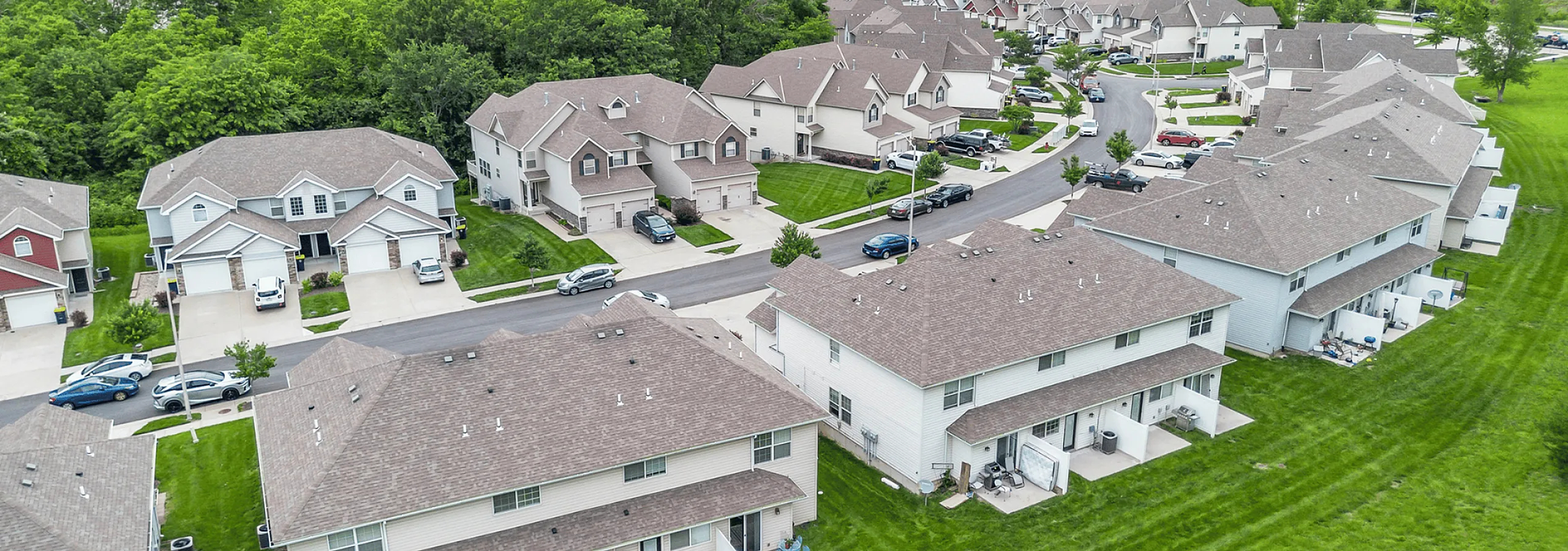 Charming suburban neighborhood with well-maintained homes, picturesque driveways, and lush green lawns, ideal for family living.