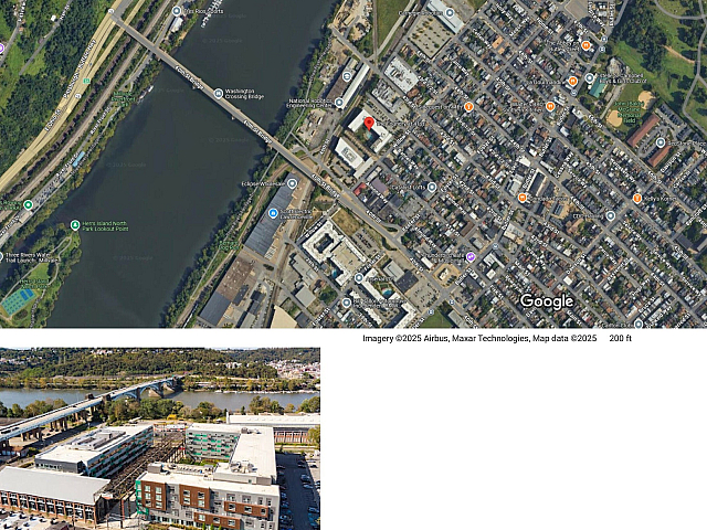 Aerial view of The Foundry at 41st showcasing its prime location near waterfront with easy access to bridges and vibrant urban neighborhood.