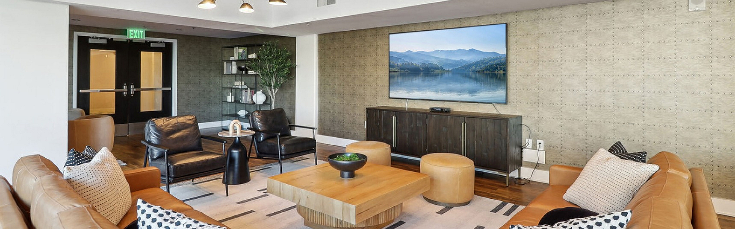 Contemporary living room with elegant leather sofas, chic seating area, and a large flat-screen TV creating a cozy yet modern ambiance.