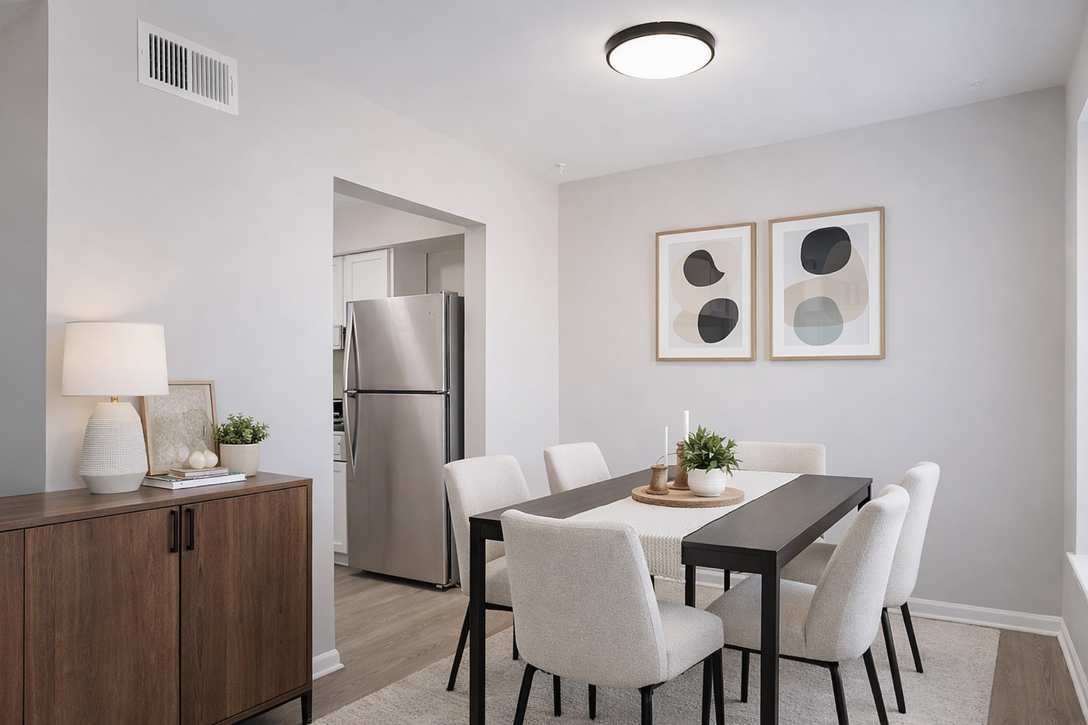 Modern dining space with neutral tones