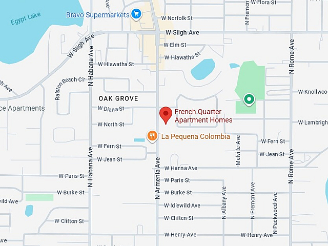 Map view showing the prime location of French Quarter Apartment Homes near Oak Grove and local amenities like Bravo Supermarkets and La Pequena Colombia restaurant.