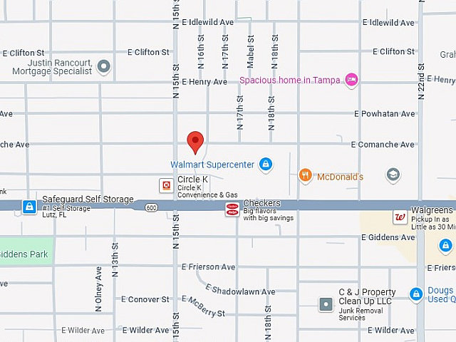 Map highlighting a vibrant area in Tampa with easy access to Walmart, McDonald's, and other amenities.