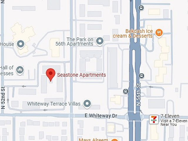 Map showing the location of Seastone Apartments near E Whiteway Dr and N 56th St with nearby amenities.