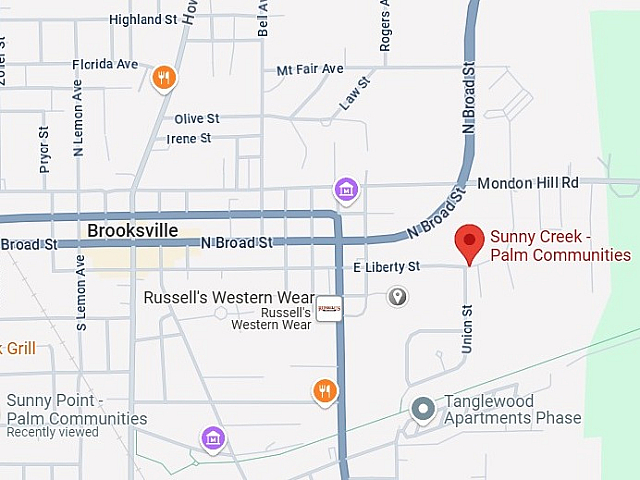 Map highlighting Sunny Creek Palm Communities in Brooksville, showcasing nearby amenities and a convenient location.