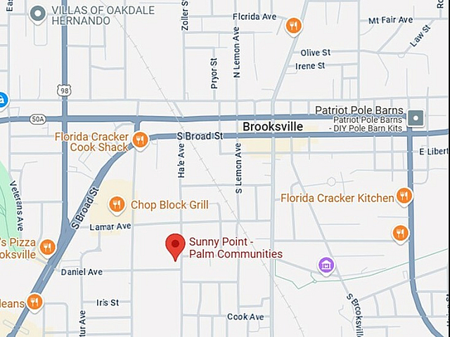 Detailed map showcasing Sunny Point Palm Communities in vibrant Brooksville, surrounded by popular dining and shopping spots.