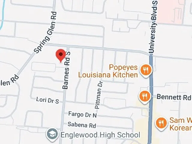 Map view highlighting residential streets near Barnes Rd S, close to amenities like Popeyes Louisiana Kitchen and Sam Won Korean BBQ, with Englewood High School nearby.