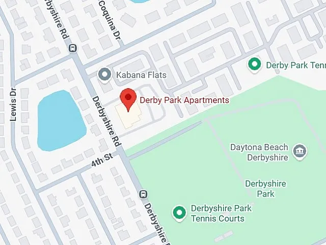 Prime location of Derby Park Apartments shown on a map, highlighting proximity to Derbyshire Park and Tennis Courts.