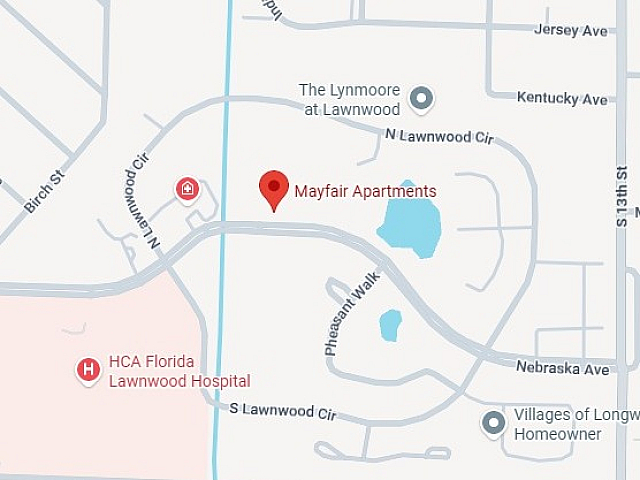 Map showcasing the prime location of Mayfair Apartments near HCA Florida Lawnwood Hospital and serene ponds, perfect for convenient and tranquil living.