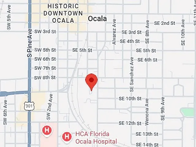 Map highlighting a prime location near Historic Downtown Ocala and HCA Florida Ocala Hospital, offering vibrant city life and convenient hospital access.