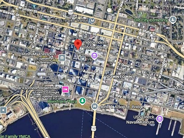 Vibrant satellite map view of downtown Jacksonville highlighting key landmarks like the Independent Life Building and Riverfront Plaza.