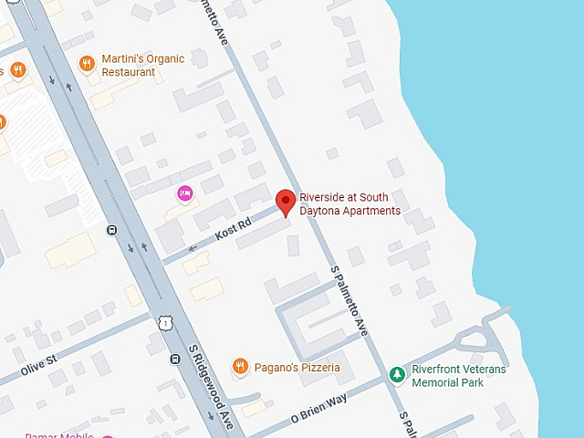 Map view highlighting Riverside at South Daytona Apartments near scenic waterfront and vibrant local dining options.