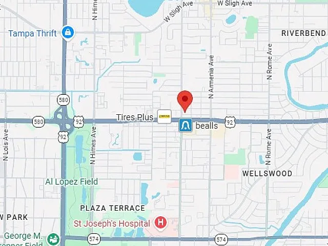 Vibrant map highlighting a prime urban location near St Joseph's Hospital, surrounded by local amenities and parks in Tampa, offering convenience and accessibility.