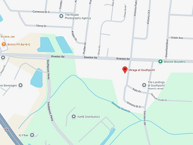 Vibrant map highlighting the prime location of Mirage at Southpoint, surrounded by local dining and shopping spots, with convenient access to Southpoint Parkway.