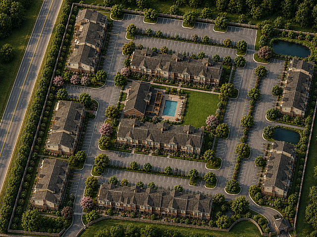 Elegant aerial view of a modern apartment complex surrounded by lush greenery, featuring a central pool, ample parking, and scenic landscaping.