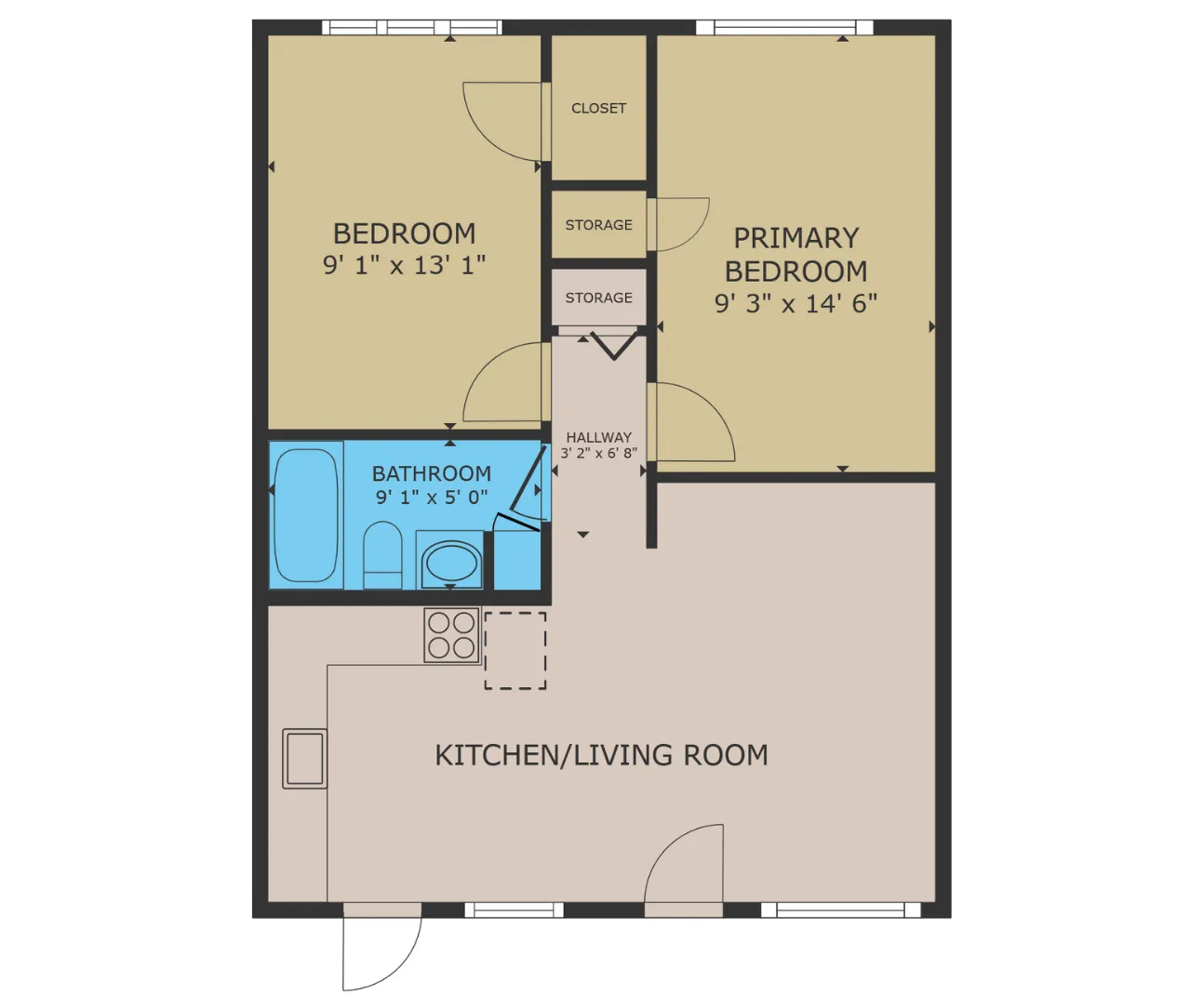 Elegant floor plan with a primary bedroom, additional bedroom, bathroom, and open kitchen-living area.