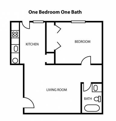 Efficient floor plan showcasing one bedroom, a modern kitchen, a comfortable living room, and a full bath.