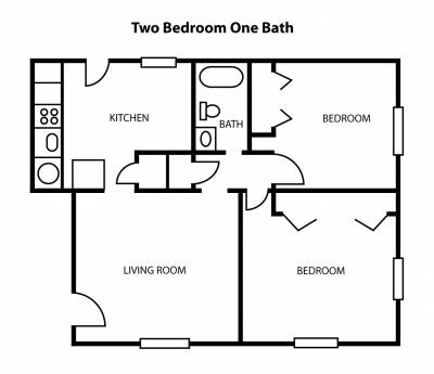 Efficient floor plan showcasing 2 bedrooms, 1 bathroom, a kitchen, and a living room.