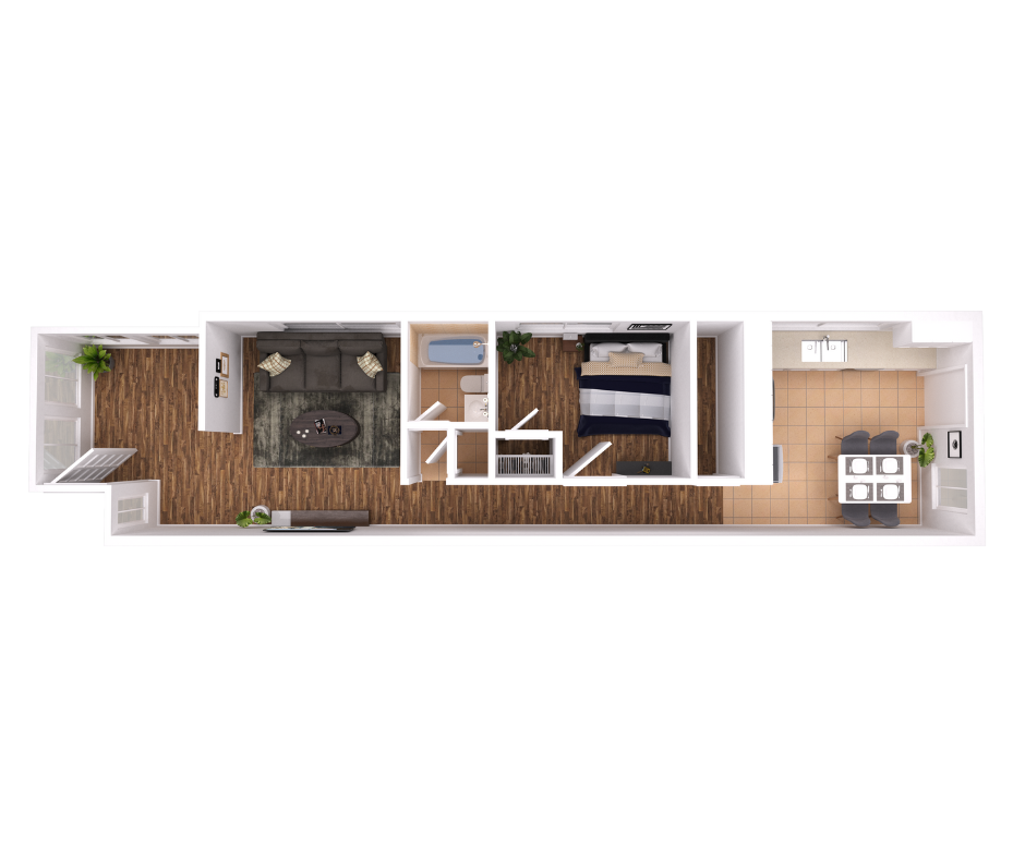 Charming 1-bedroom apartment floor plan featuring an inviting open-concept living area, modern kitchen with dining space, and cozy bathroom.