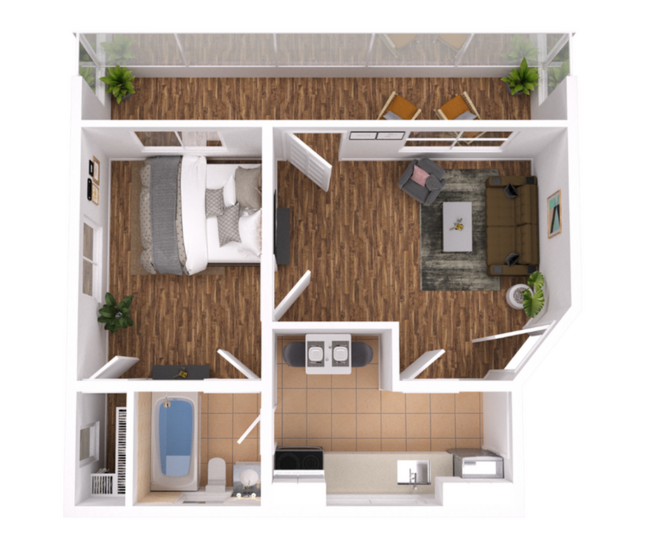 Chic floor plan featuring a cozy bedroom, elegant living area with balcony access, modern kitchen, and stylish bathroom.