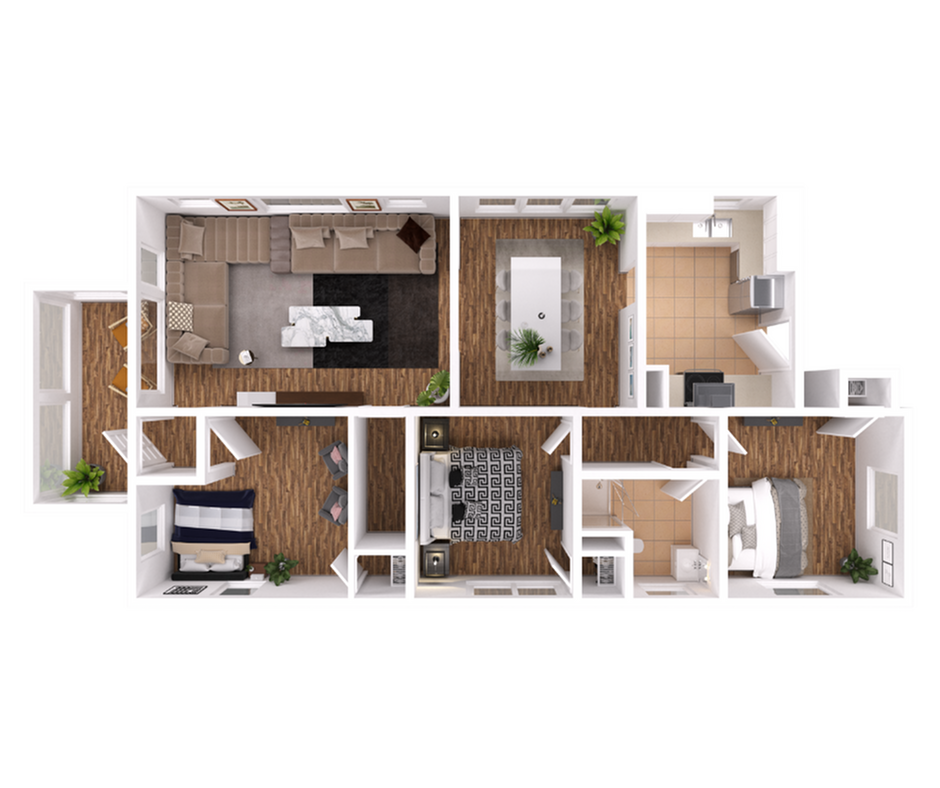 Modern 2D floor plan showcasing a 3-bedroom layout with an open living area, dining space, and sleek kitchen design.