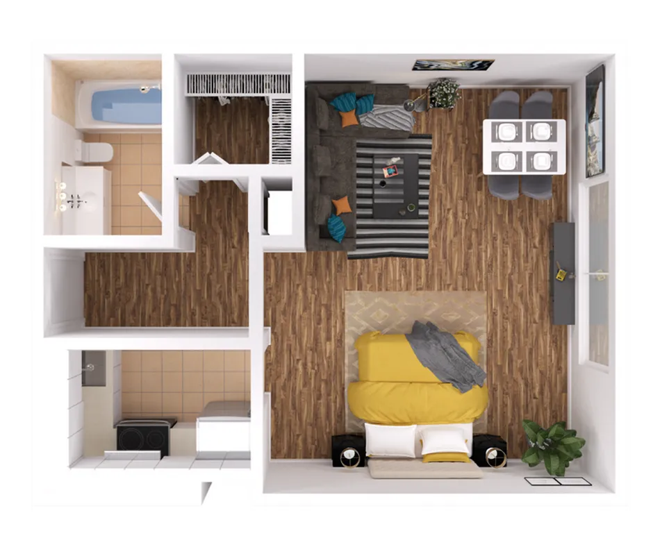 Charming 1-bedroom apartment floor plan with stylish living area, modern kitchen, and luxurious bathroom.