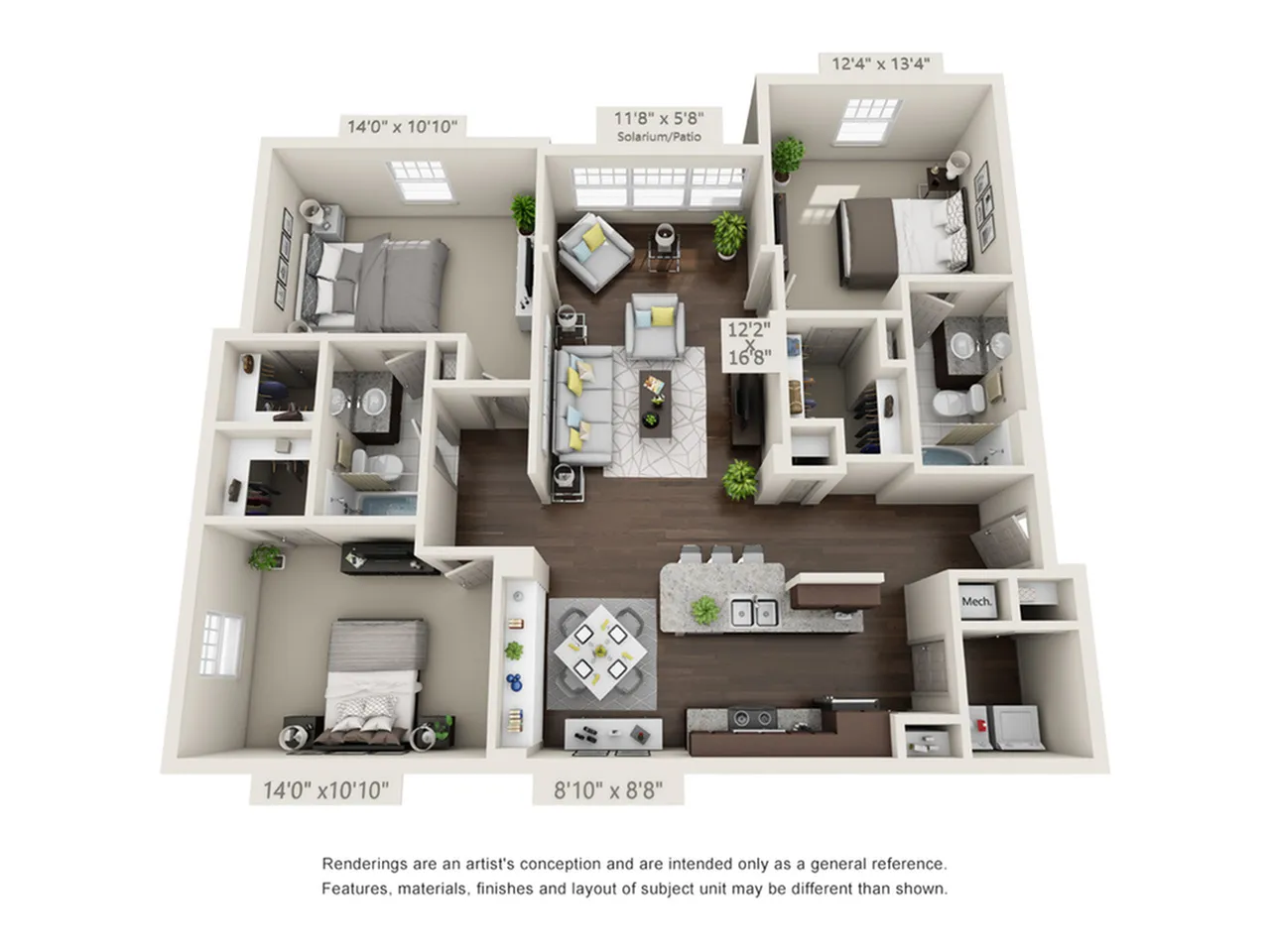 Elegant 3D floor plan showcasing 3 bedrooms, modern kitchen with island, open-concept living room, and a cozy solarium/patio.