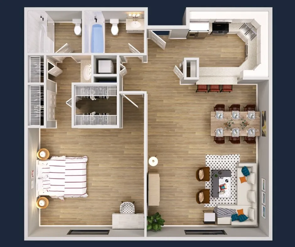 Chic open floor plan showcasing a spacious bedroom, modern kitchen, inviting living area, elegant dining setup, and well-equipped bathroom.