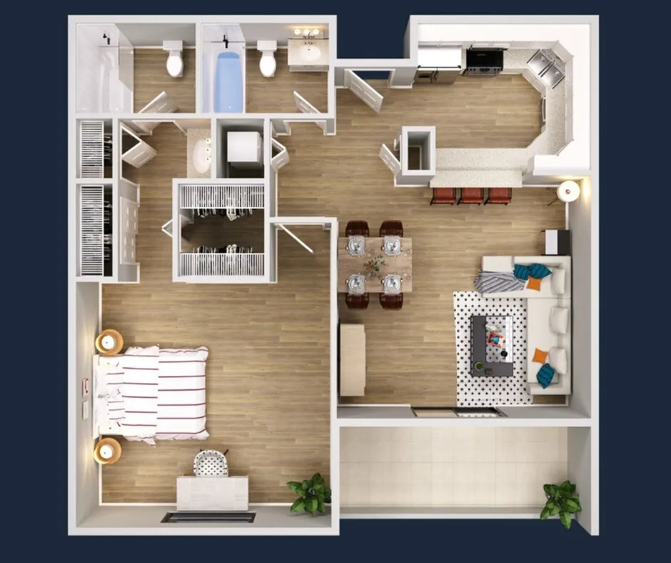 Inviting floor plan showcasing a one-bedroom apartment with modern kitchen, spacious living-dining area, and stylish bathroom, ideal for contemporary living.