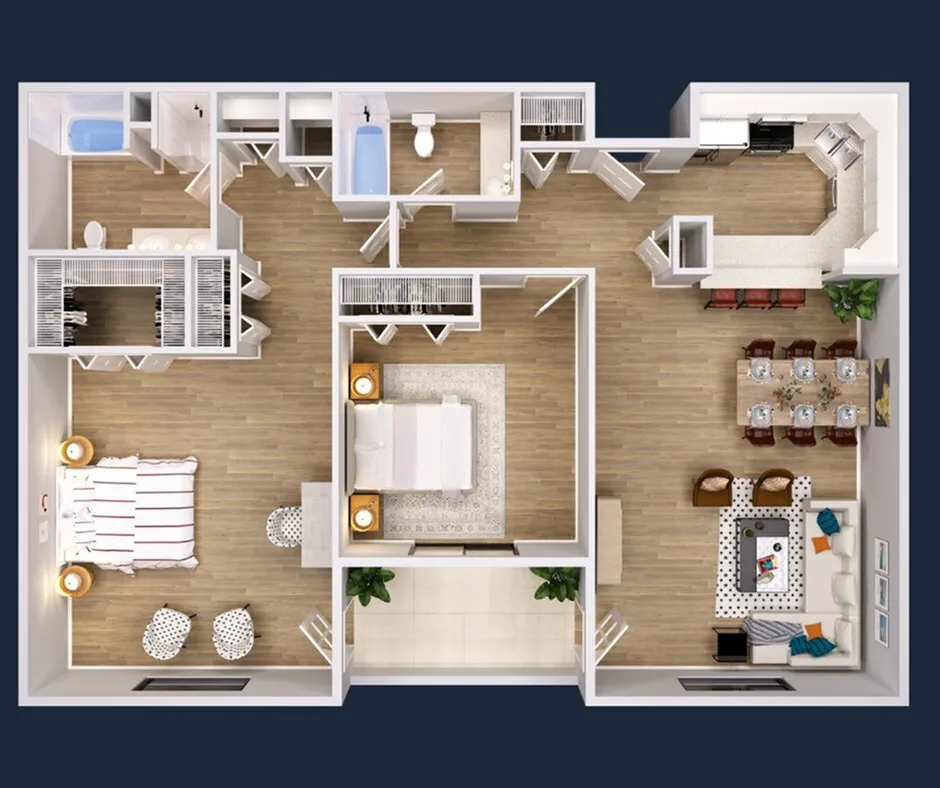 Elegant floor plan featuring 2 bedrooms, spacious open-concept living and dining area, stylish kitchen, and two bathrooms with modern fixtures.