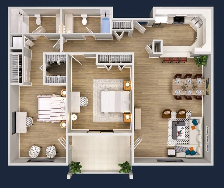 Elegant 3D floor plan featuring three spacious bedrooms, contemporary kitchen with breakfast bar, and an inviting open-concept living and dining area.