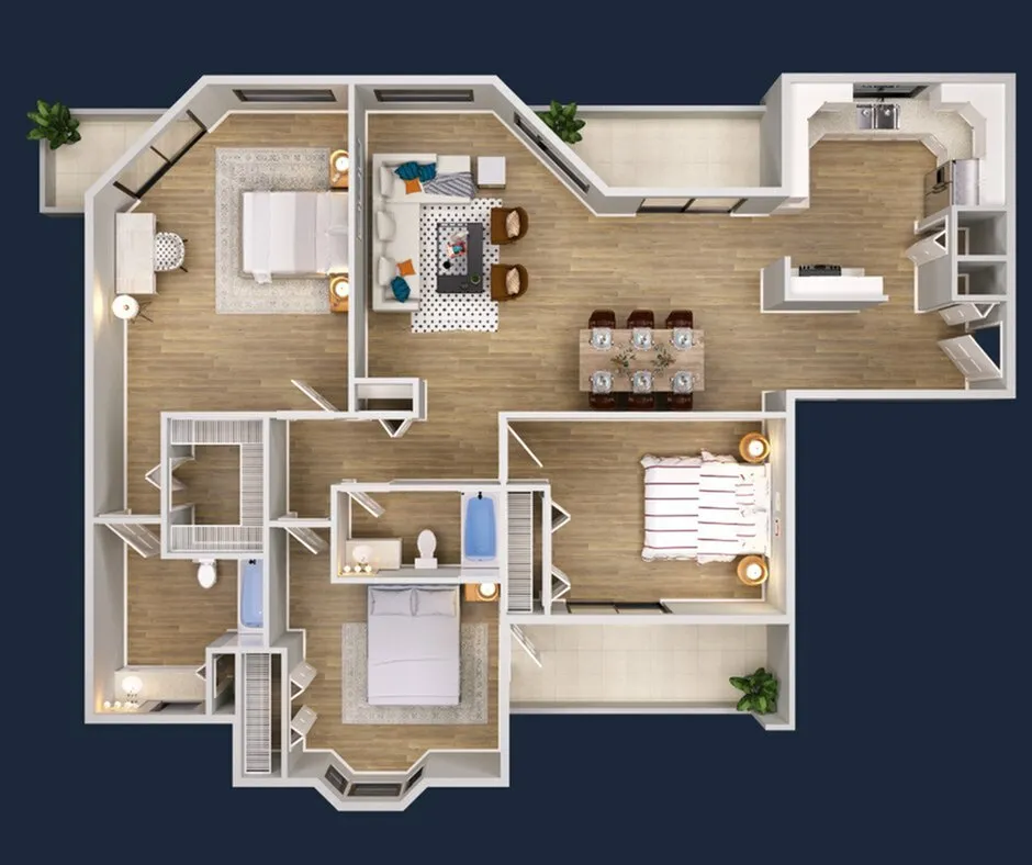 Elegant 3D floor plan showcasing 3 bedrooms, a modern kitchen, and a spacious dining area in an open-concept layout.