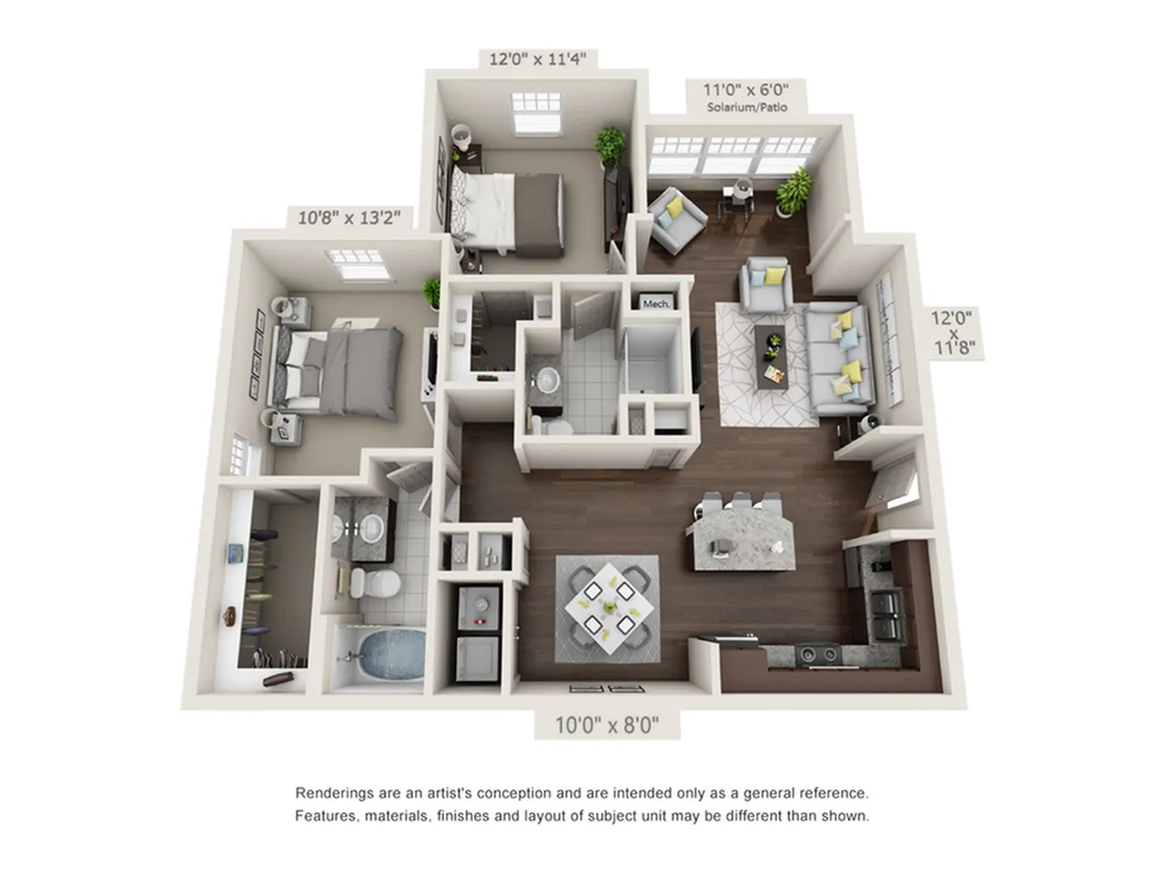 Chic 3D floor plan illustrating a modern apartment with two bedrooms, two bathrooms, an open kitchen with an island, a cozy living room, and a sunlit patio.