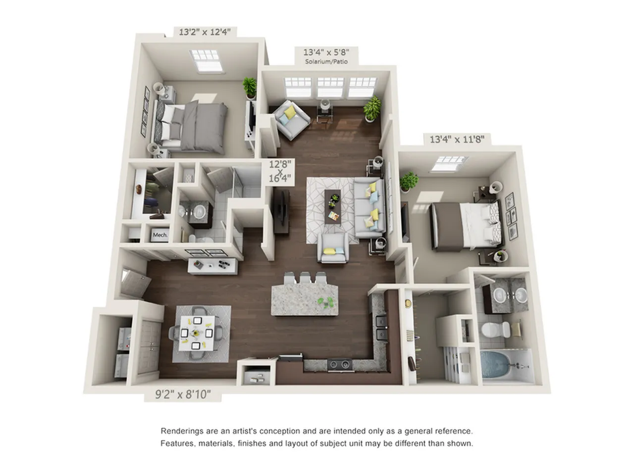 Modern 3D floor plan showcasing 2 bedrooms, a bright solarium, and an open-concept kitchen and living area. Includes two luxurious bathrooms and stylish finishes.
