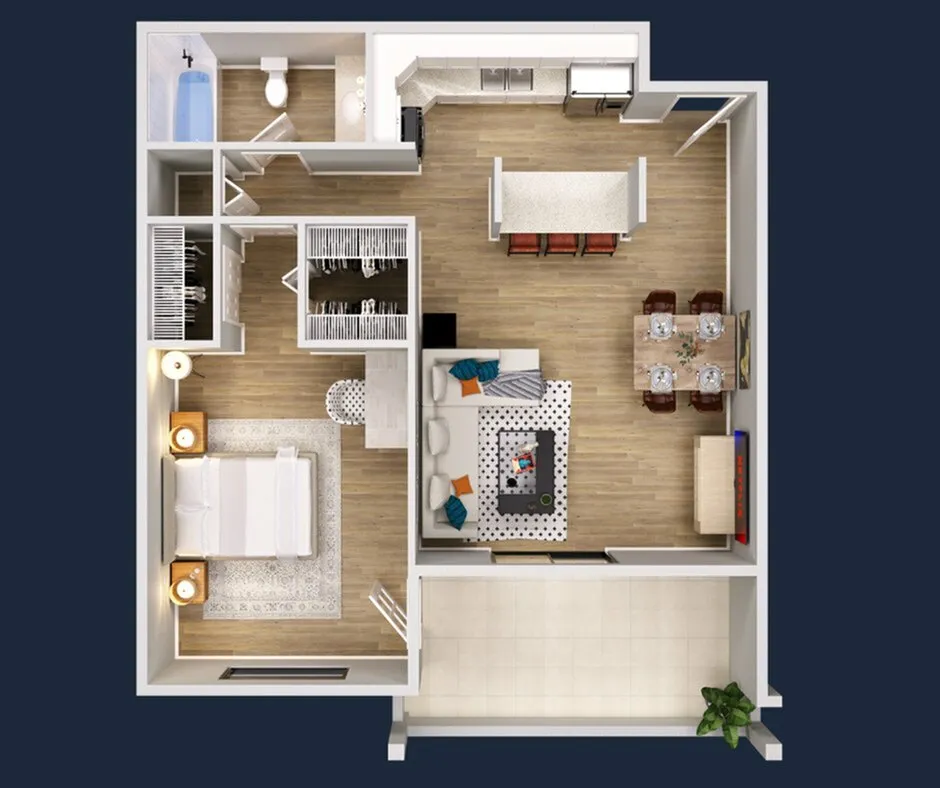 Modern 3D floor plan showcasing a spacious one-bedroom apartment with an inviting open-concept living and dining area, sleek kitchen with island, and a stylish bathroom. Ideal for urban living.