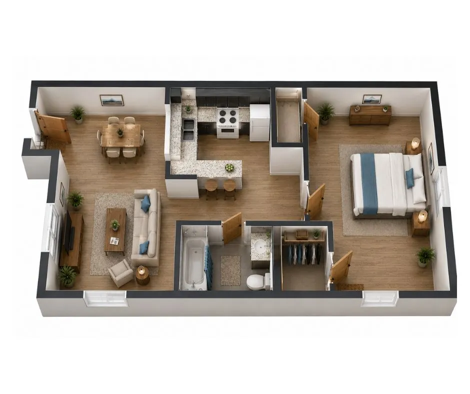 Sleek 3D floor plan showcasing a spacious 1-bedroom apartment with a modern kitchen, cozy living room, and elegant dining area.