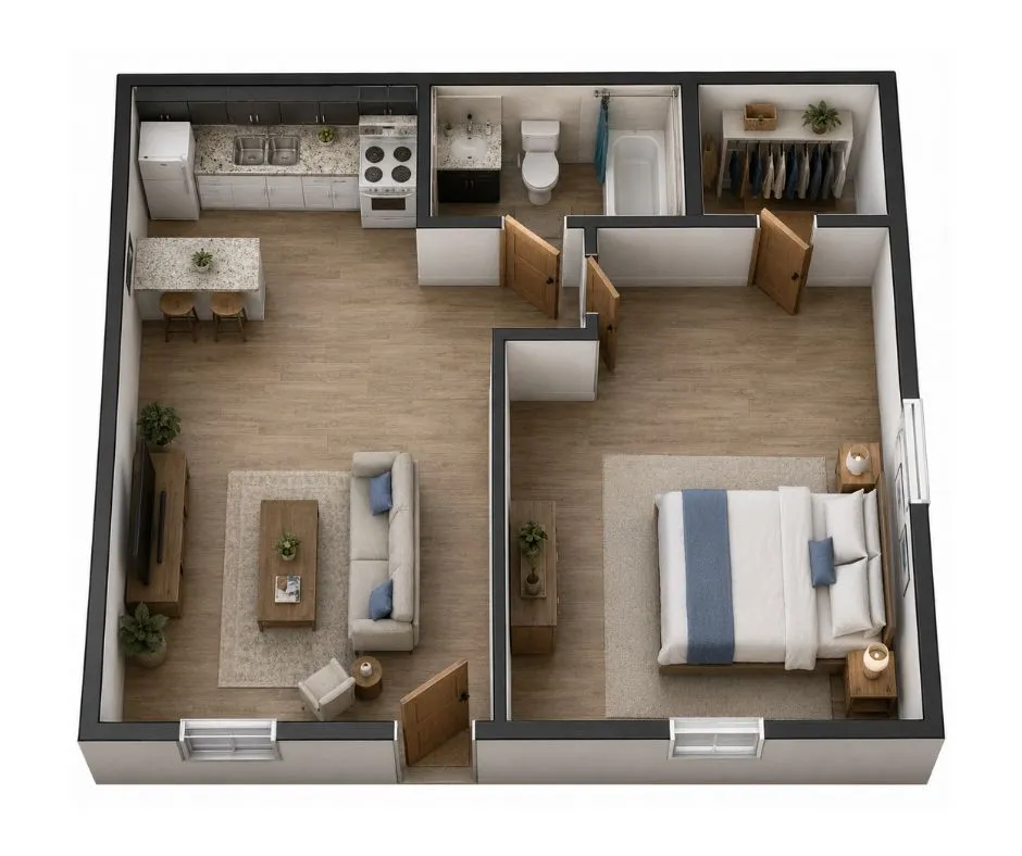 Chic 3D floor plan featuring a cozy 1-bedroom apartment with open-concept living room, modern kitchen with bar seating, and a stylish bathroom.
