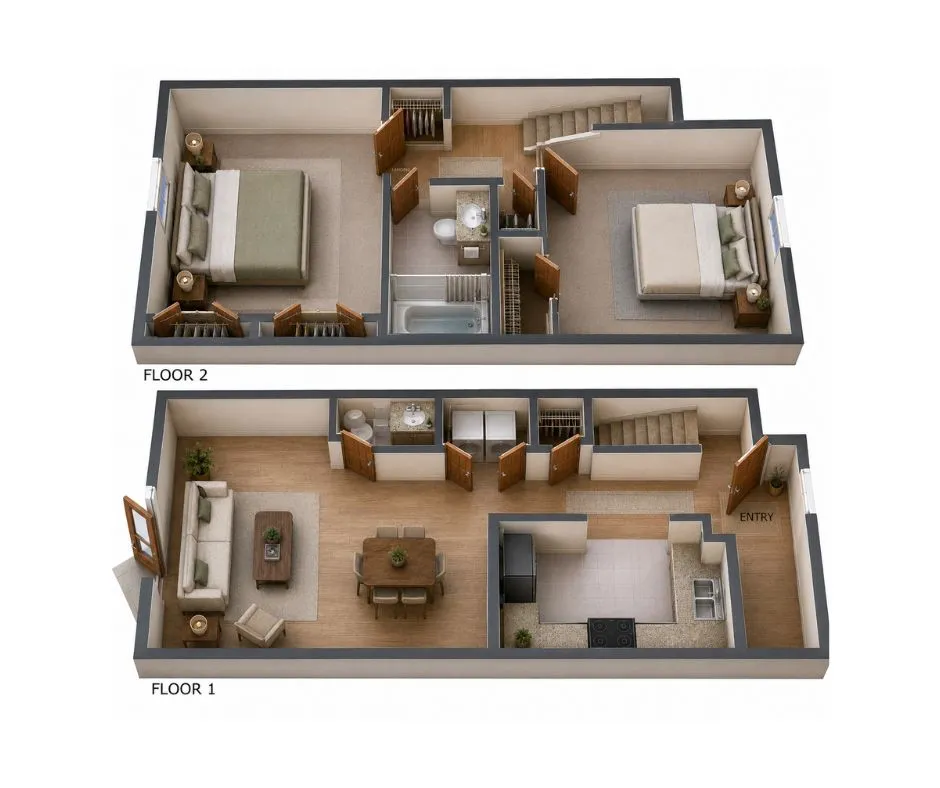 Inviting 3D floor plan showcasing two levels with spacious living areas, 2 bedrooms, cozy living room, and modern kitchen.