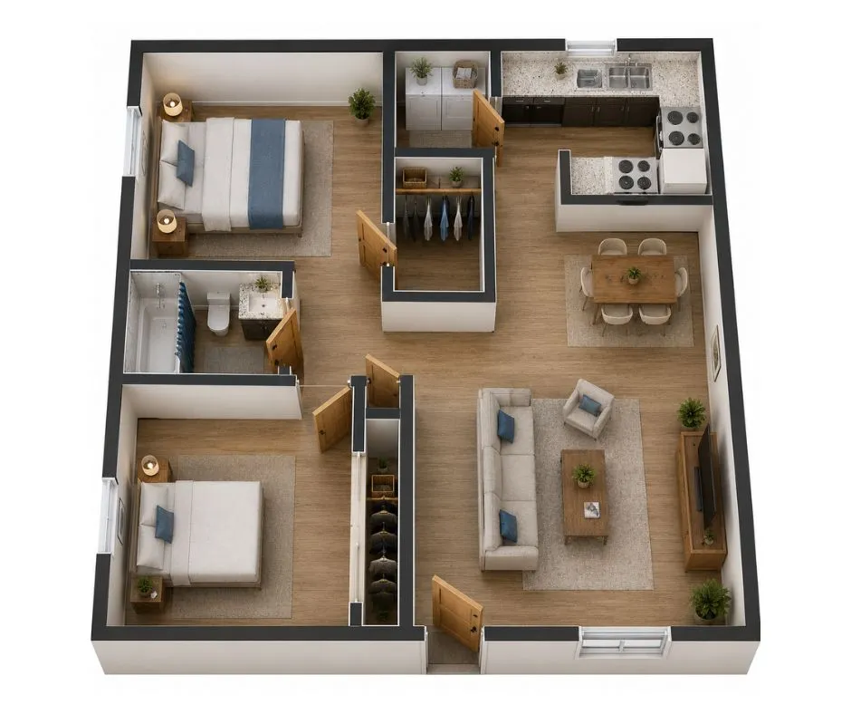 Sleek 3D floor plan showcasing 2 cozy bedrooms, modern kitchen, and inviting open-concept living and dining area.