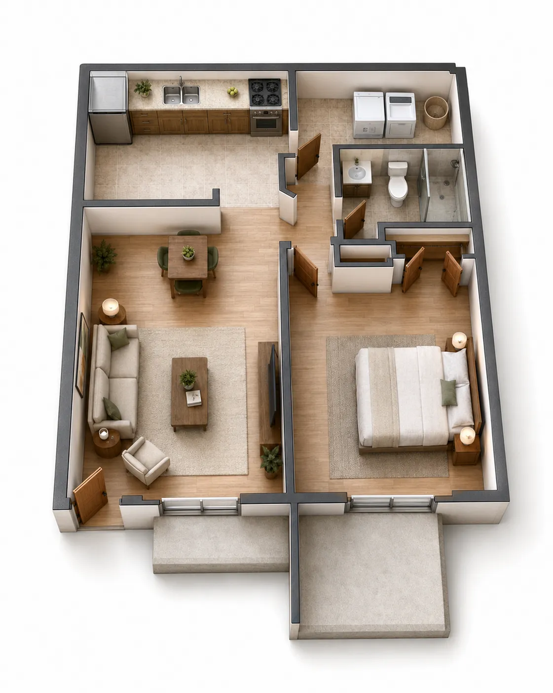 Modern 3D floor plan showcasing a cozy one-bedroom apartment, open living area, stylish kitchen, and convenient bathroom layout.