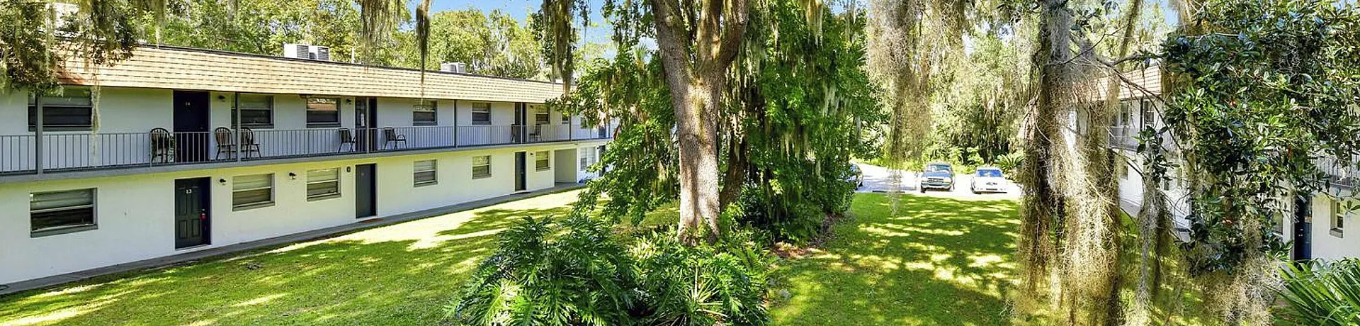 Charming apartment complex with lush greenery, large trees, and welcoming outdoor space.