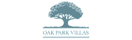 Elegant logo of Oak Park Villas featuring a majestic oak tree silhouette in serene blue.
