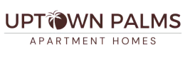 Elegant Uptown Palms logo with a palm tree accent, representing luxurious and modern apartment homes.