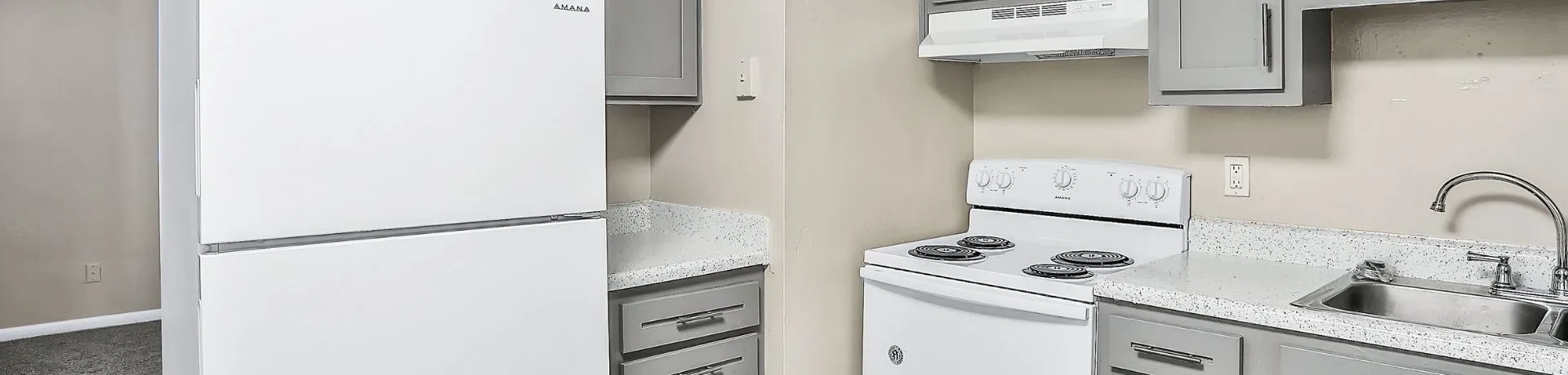 Modern kitchen with sleek gray cabinets, a spacious countertop, and essential appliances including a refrigerator and stove.
