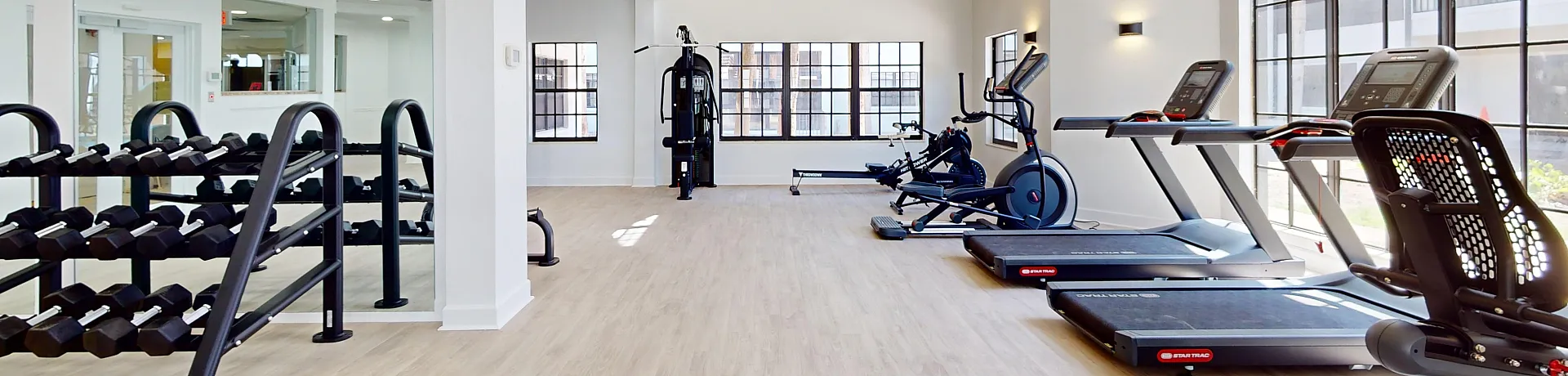 Modern fitness center with state-of-the-art cardio machines, weight racks, and bright natural lighting.