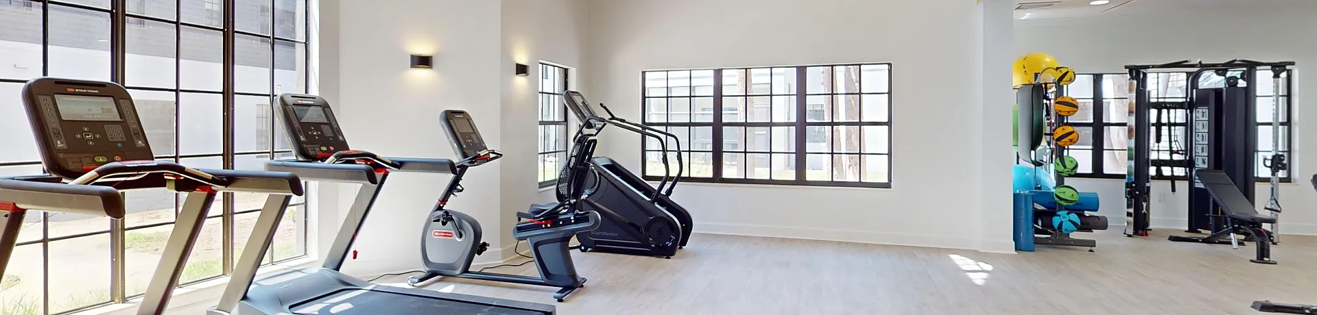 Sleek and spacious gym with state-of-the-art treadmills, elliptical trainers, and vibrant natural lighting through large windows.