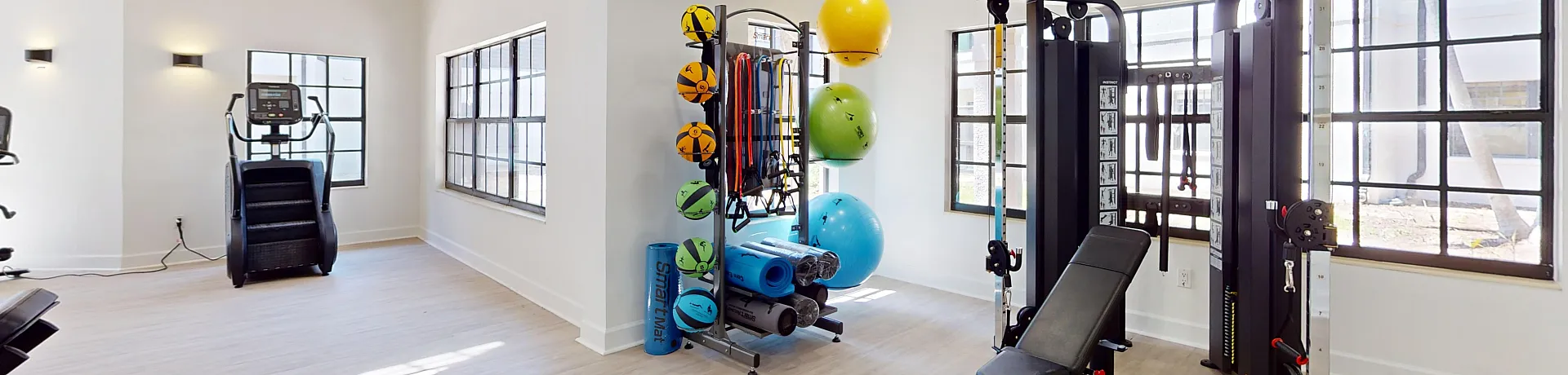 Bright and modern fitness center with state-of-the-art equipment, featuring weight machines, exercise balls, and colorful yoga mats for a complete workout experience.