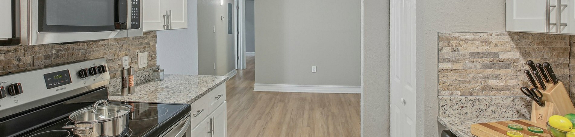 Modern kitchen with sleek granite countertops, stainless steel appliances, and contemporary cabinetry offering a bright, open layout.