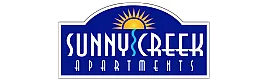Sunny Creek Apartments logo with a vibrant sun and stream imagery, set against a bold blue background.