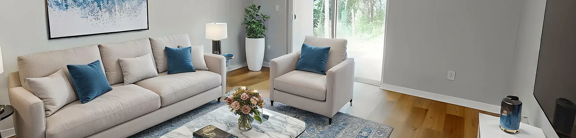 Bright and inviting living room featuring modern decor, plush seating with blue accents, a stylish marble coffee table, and a view of lush greenery through sliding glass doors.